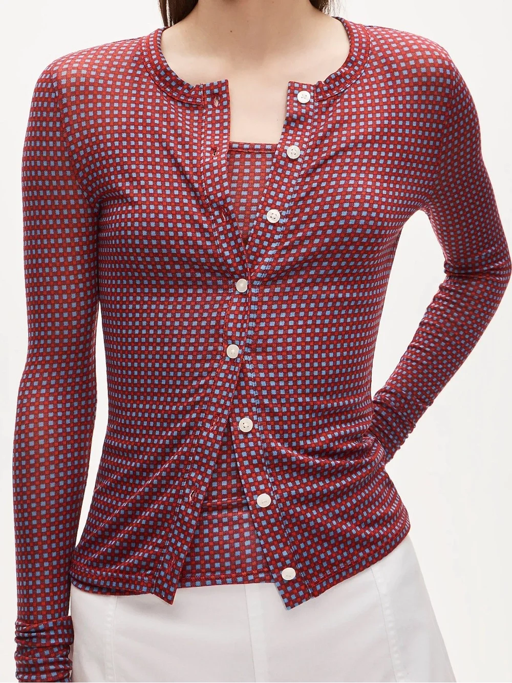 J. Crew Red and Light Blue Checked Button-Front Top